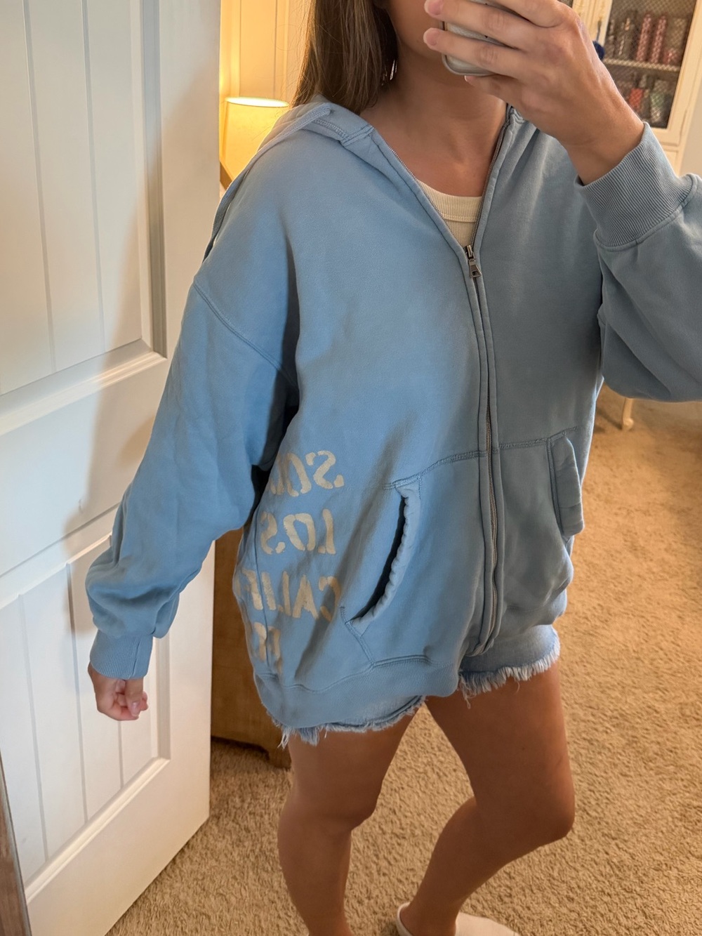 Light Blue Zip-Up Hoodie with Hood and Pocket